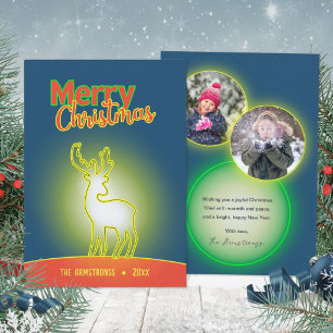 Neon Green Pop Art Reindeer 2 Photo Christmas Holiday Card