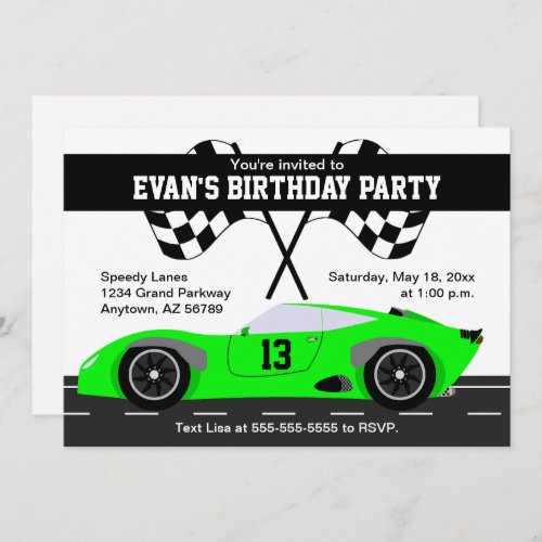  Neon Green Race Car Birthday Party Invitation