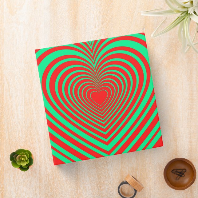 Neon Green Red Hypnotic Heart Love Pattern 3 Ring Binder (In Situ)