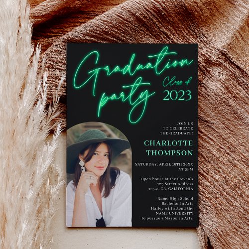 Neon green sign script fun graduation photo arch invitation