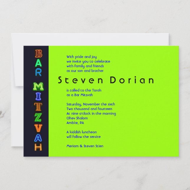 NEON GREEN SIGNS Bar Bat Mitzvah Invitation (Front)