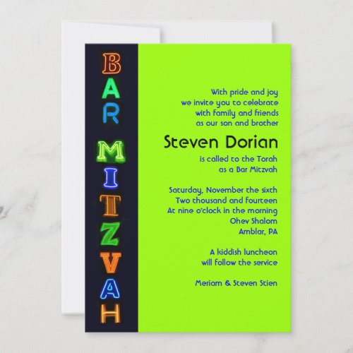 NEON GREEN SIGNS Bar Bat Mitzvah Invitation
