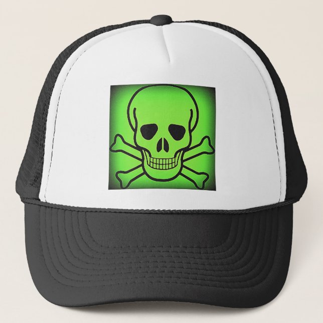 NEON GREEN SKULL AND CROSSBONES PRINT TRUCKER HAT (Front)