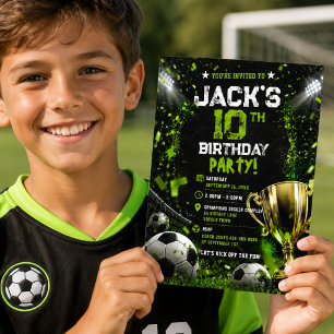 Neon Green Soccer Stadium Trophy Birthday Party Invitation