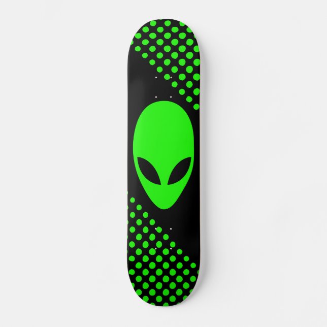 Neon Green Space Alien Head Skateboard Deck (Front)