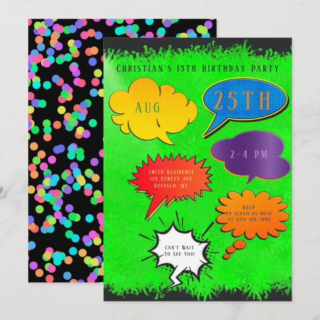 Neon Green Speech Bubble Boy Girl Birthday Party  Invitation (Front/Back)