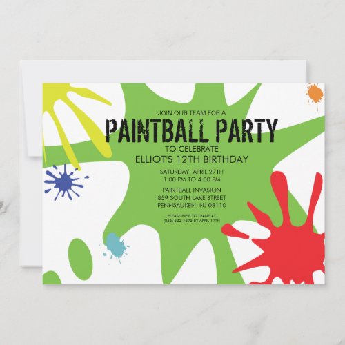 Neon Green Split Splat Custom Paintball Party Custom Invitations