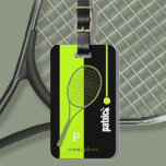 Neon Green Sport Tennis personalized Luggage Tag<br><div class="desc">Such a great design to personalize with name and initial letter of the tennis player. Acid-Green stripe with a tennis racquet on black custom color. A luggage tag with a name is important for several practical reasons when traveling. Firstly, it serves as a quick and easy way to identify your...</div>