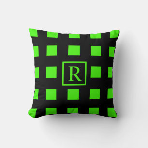 Neon Green Squares Patterns Monograms Black Cute Throw Pillow