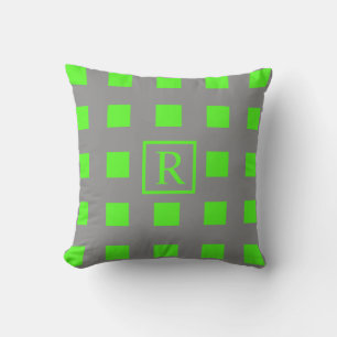 Neon Green Squares Patterns Monograms Grey Cute Outdoor Pillow