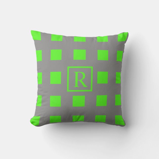 Neon Green Squares Patterns Monograms Grey Cute Outdoor Pillow (Front)
