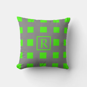 Neon Green Squares Patterns Monograms Grey Cute Throw Pillow