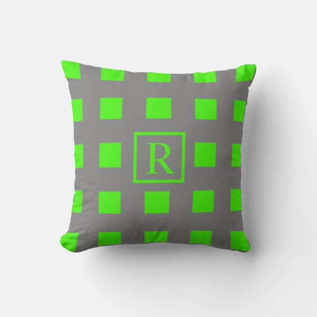 Neon Green Squares Patterns Monograms Grey Cute Throw Pillow (Front)