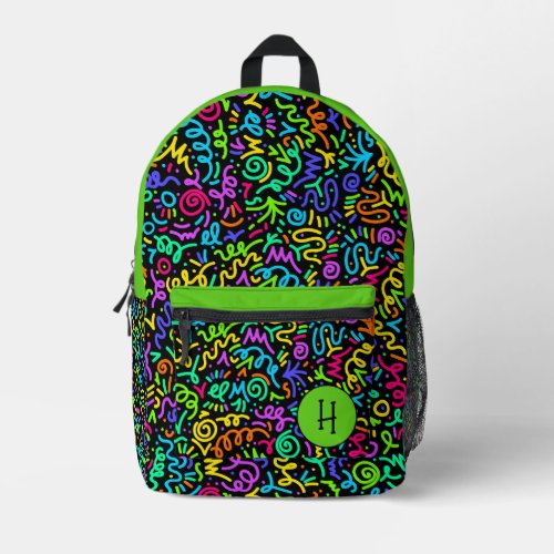 Neon Green Squiggle Monogram  Printed Backpack