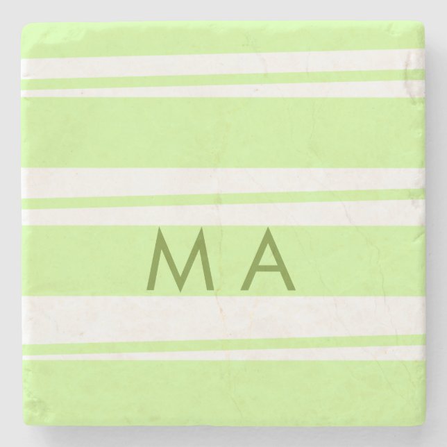 Neon green  stripes Greek pattern letter monogram  Stone Coaster (Front)