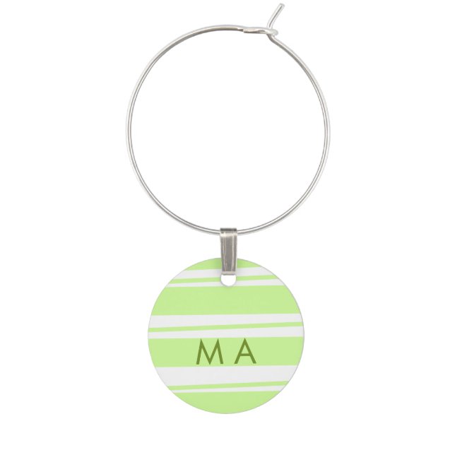 Neon green  stripes Greek pattern letter monogram  Wine Charm (Front)