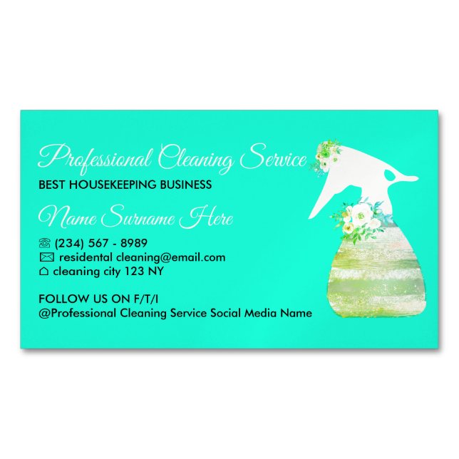 Neon Green Teal Maid Spray Flower Cleaning Business Card Magnet (Front)