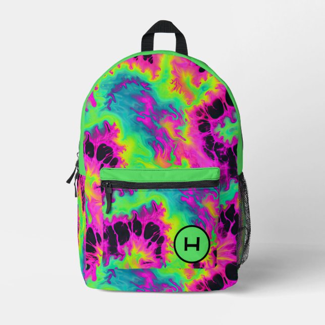 Neon Green Tie Dye Monogram  Printed Backpack (Front)