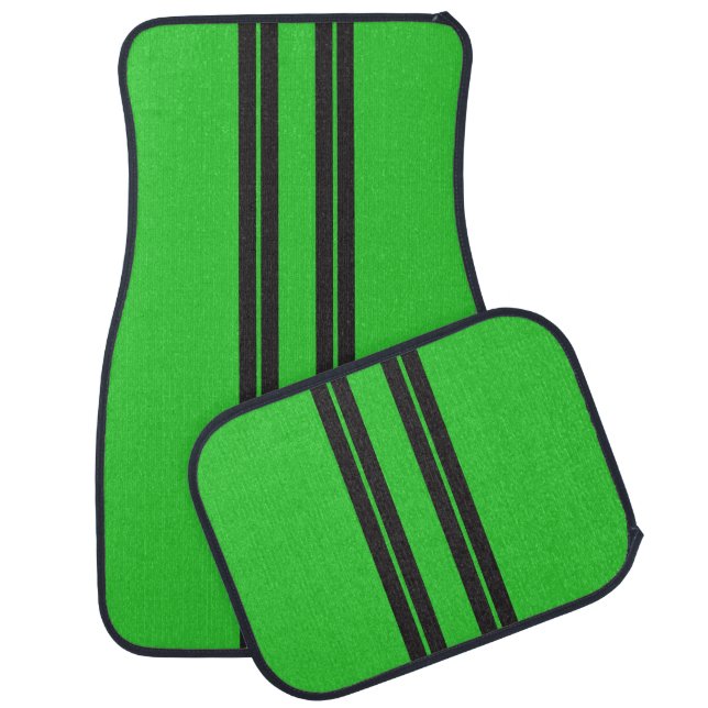 Neon Green w/ Black Racing Stripes Car Floor Mat (Set)