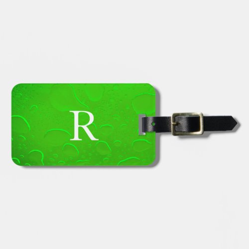 Neon Green Water Drops Abstract Monogram Initials Luggage Tag