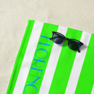 neon green white cabana stripes - personalized beach towel
