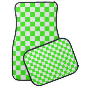 Neon Green White Checkered Checkerboard Vintage Car Floor Mat