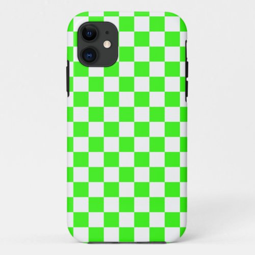 Neon Green White Checkered Checkerboard Vintage iPhone 11 Case