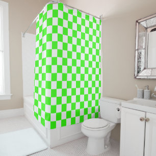 Neon Green White Checkered Checkerboard Vintage Shower Curtain