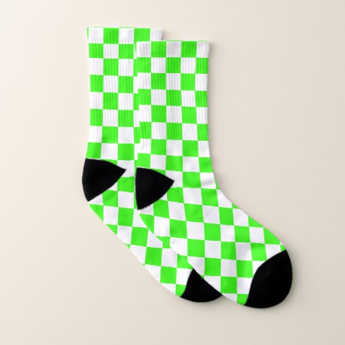 Neon Green White Checkered Checkerboard Vintage Socks