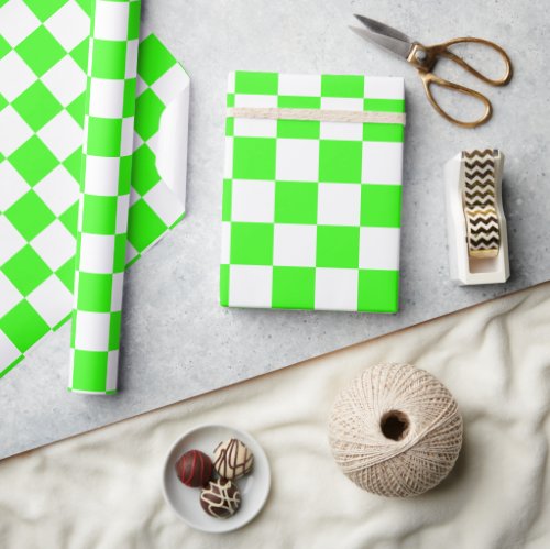 Neon Green White Checkered Checkerboard Vintage Wrapping Paper