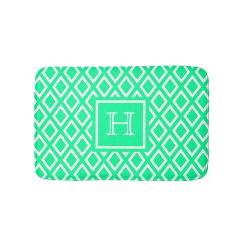 Neon green white diamond pattern monogrammed bath mat