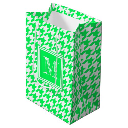 Neon Green White Houndstooth  Modern Monogram Medium Gift Bag