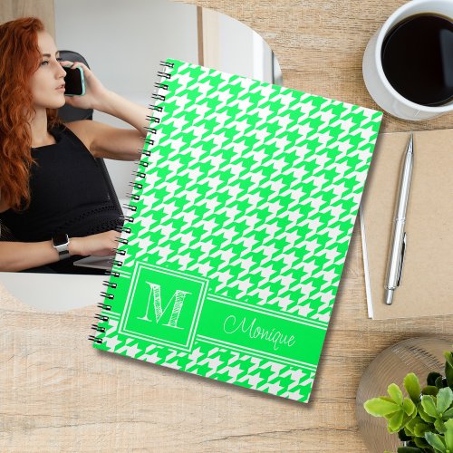 Neon Green White Houndstooth  Modern Monogram Notebook