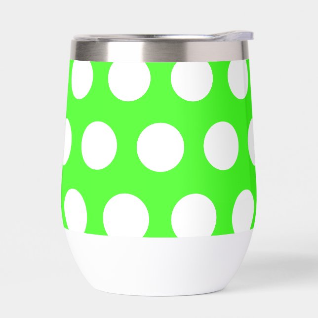Neon Green White Large Polka Dots Thermal Wine Tumbler (Left)