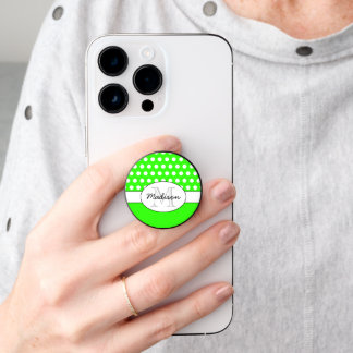 Neon green White polka dot retro pattern Monogram PopSocket