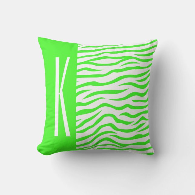 Neon Green & White Zebra Stripes Animal Print Throw Pillow (Front)