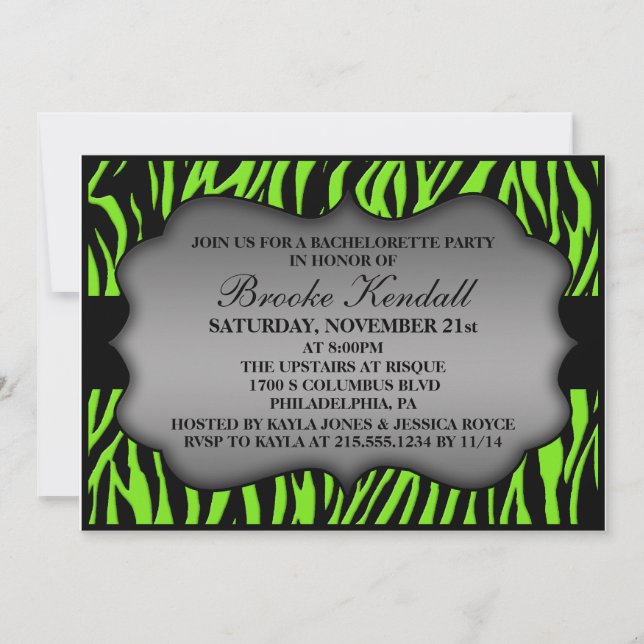 Neon Green Wild Night Zebra Bachelorette Party Invitation (Front)