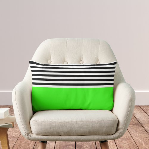 Neon Green With Black and White Stripes Lumbar Pillow