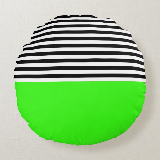 Neon Green With Black and White Stripes Round Pillow (Front)