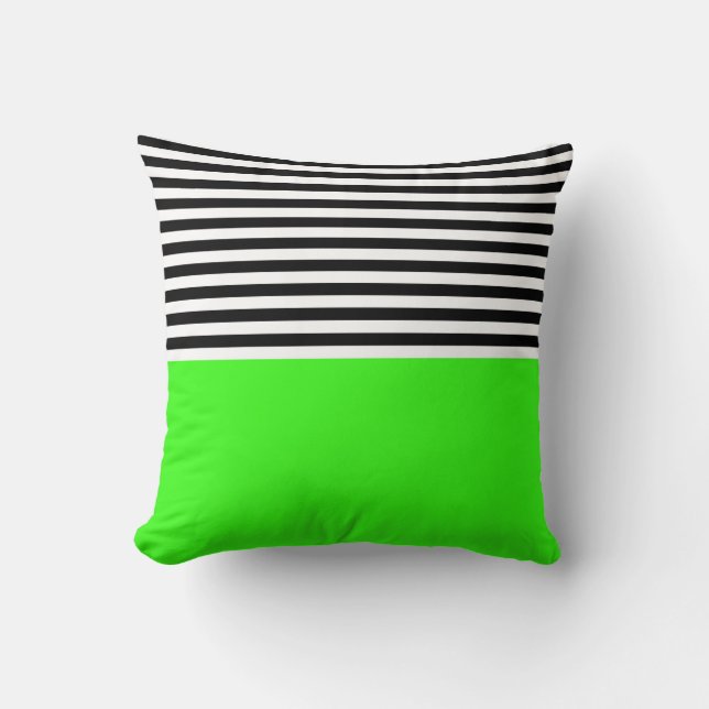 Neon Green With Black and White Stripes Throw Pillow (Front)
