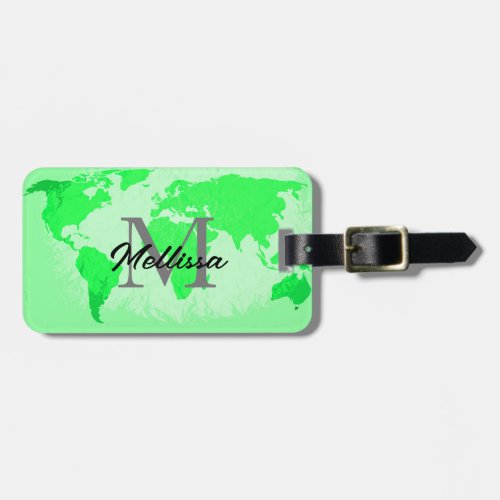 Neon Green World Map Monograms Traveler Artistic Luggage Tag