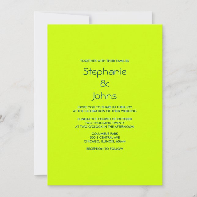 Neon Green Yellow Colorful Bright Minimal Wedding Invitation (Front)