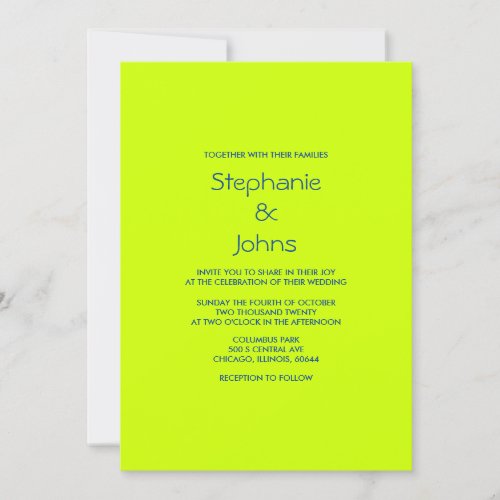 Neon Green Yellow Colorful Bright Minimal Wedding Invitation