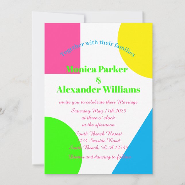 Neon Green Yellow Pink Blue Modern Retro Wedding I Invitation (Front)