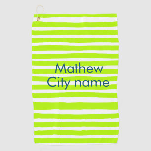 Neon green yellow retro stripes add name cityplace golf towel