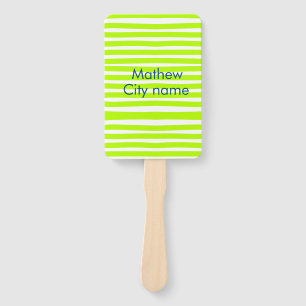 Neon green yellow retro stripes add name cityplace hand fan
