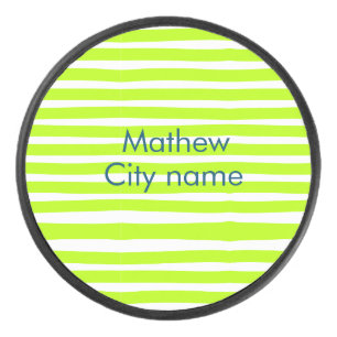 Neon green yellow retro stripes add name cityplace hockey puck