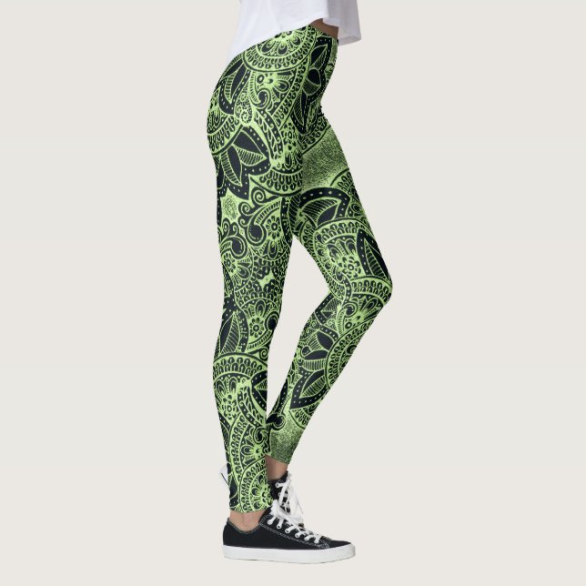Neon Green Yoga Zen Floral Paisley Mandala Pattern Leggings (Right)