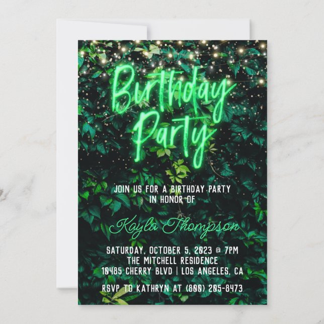 Neon Greenery Green Wall Birthday Party Invitation (Back)