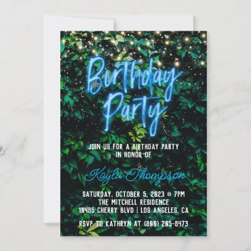 Neon Greenery Green Wall Birthday Party Invitation